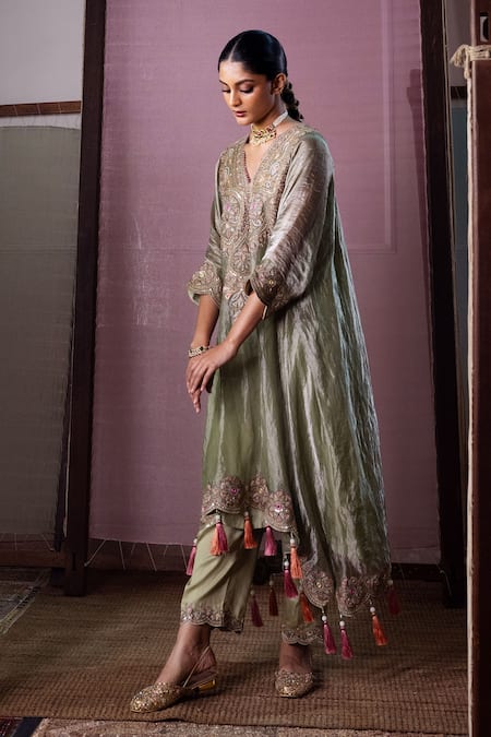 Nabo_Green Tissue Embroidery, Zari, Sequins, Tassels Floral Pattern Kaftan With Pant _at_Aza_Fashions