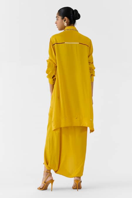 Shop Studio Rigu Yellow Viscose Embroidery, Pearls Amber Asymmetric Shirt And Knot Skirt Set at Aza Fashions Shop_Studio Rigu_Yellow Viscose Embroidery, Pearls Amber Asymmetric Shirt And Knot Skirt Set _at_Aza_Fashions