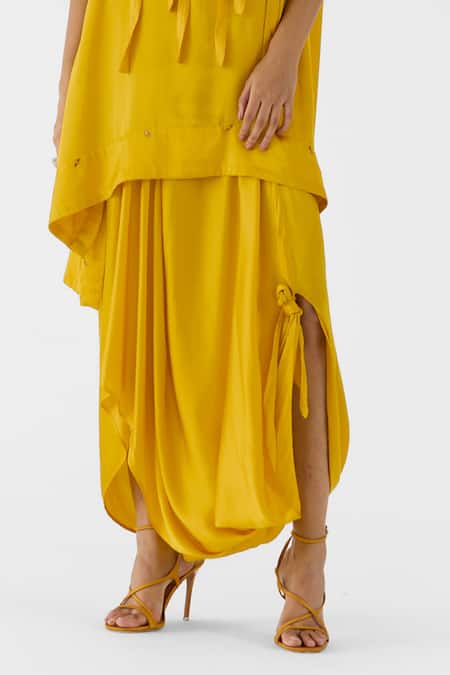 Studio Rigu Yellow Viscose Embroidery, Pearls Amber Asymmetric Shirt And Knot Skirt Set Online at Aza Fashions Studio Rigu_Yellow Viscose Embroidery, Pearls Amber Asymmetric Shirt And Knot Skirt Set _Online_at_Aza_Fashions