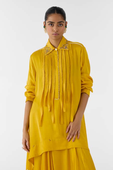 Buy Studio Rigu Yellow Viscose Embroidery, Pearls Amber Asymmetric Shirt And Knot Skirt Set Online at Aza Fashions Buy_Studio Rigu_Yellow Viscose Embroidery, Pearls Amber Asymmetric Shirt And Knot Skirt Set _Online_at_Aza_Fashions