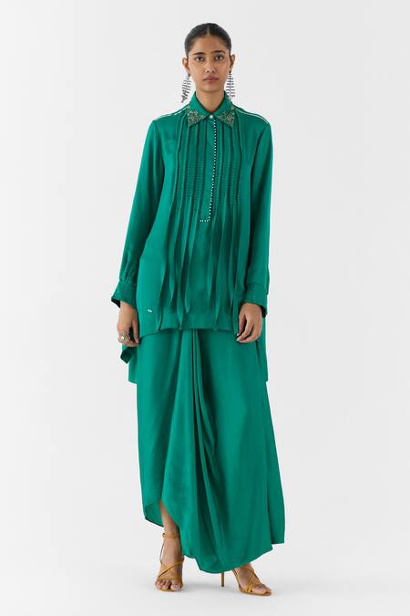 Studio Rigu_Green Viscose Embroidery, Pearls Jasper Asymmetric Shirt With Knot Skirt _Online_at_Aza_Fashions