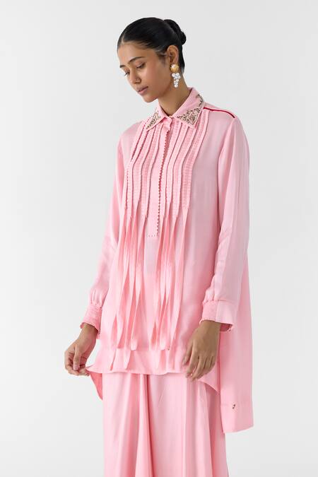Buy Studio Rigu Pink Viscose Embroidery, Pearls, Moonstone Asymmetric Shirt With Knot Skirt Online at Aza Fashions Buy_Studio Rigu_Pink Viscose Embroidery, Pearls, Moonstone Asymmetric Shirt With Knot Skirt _Online_at_Aza_Fashions