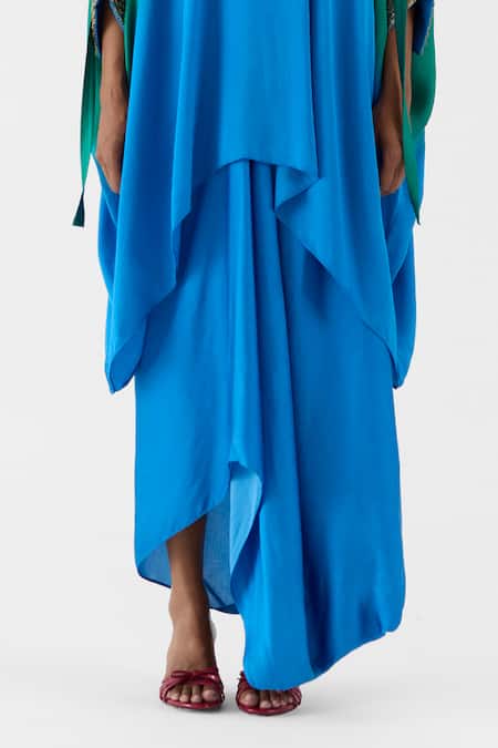 Buy_Studio Rigu_Blue Viscose Embroidery, Metallic Thread Jasper Ombre Kimono And Knot Skirt Set _Online_at_Aza_Fashions