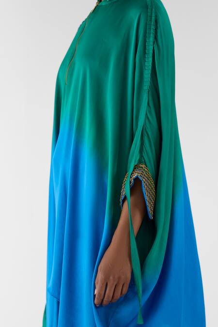 Shop_Studio Rigu_Blue Viscose Embroidery, Metallic Thread Jasper Ombre Kimono And Knot Skirt Set _Online_at_Aza_Fashions