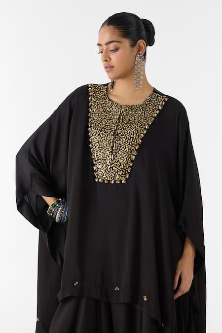 Shop_Studio Rigu_Black Viscose Onyx Embroidered Kimono And Knot Skirt Set _Online_at_Aza_Fashions