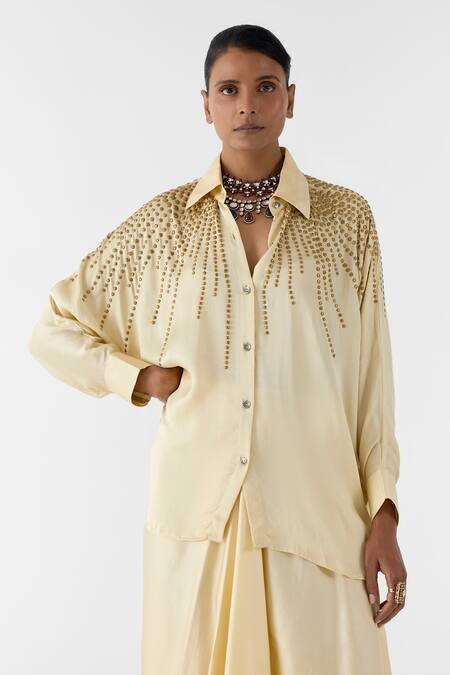 Shop_Studio Rigu_Ivory Viscose Studs, Embroidery Collared Pearl Studded Shirt And Knot Skirt Set _Online_at_Aza_Fashions