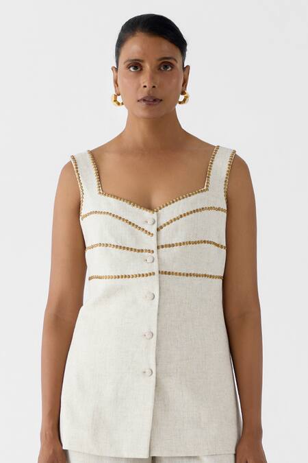 Buy_Studio Rigu_Ivory Viscose, Linen Studs, Embroidery Square Neck Pearl Blazer And Trousers Set _Online_at_Aza_Fashions