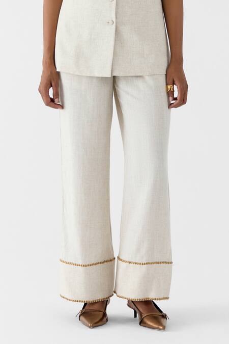 Shop_Studio Rigu_Ivory Viscose, Linen Studs, Embroidery Square Neck Pearl Blazer And Trousers Set _Online_at_Aza_Fashions