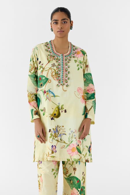 Shop_Studio Rigu_Beige Cotton Embroidery, Stones, Lace Round Blossom Stonework Kurta And Pant Set _Online_at_Aza_Fashions