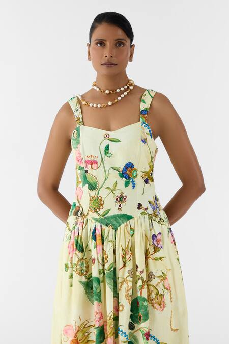 Buy_Studio Rigu_Beige Cotton Embroidery, Beads Sweetheart Neck Blossom Dress _Online_at_Aza_Fashions