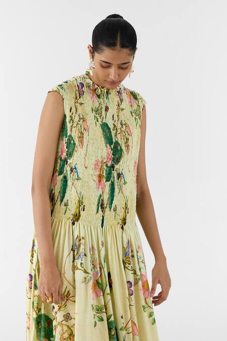 Buy_Studio Rigu_Beige Cotton High Neck Blossom Ruched Midi Dress _Online_at_Aza_Fashions