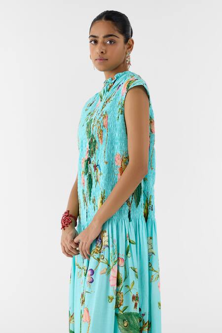 Buy_Studio Rigu_Blue Cotton Tassels High Neck Blossom Ruched Dress _Online_at_Aza_Fashions