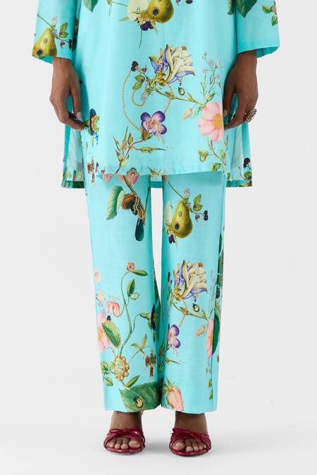 Shop_Studio Rigu_Blue Cotton Embroidery, Lace, Stones Round Blossom Stonework Kurta And Pant Set _Online_at_Aza_Fashions