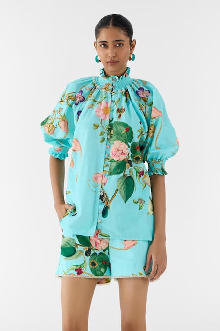Studio Rigu_Blue Cotton Lace High Neck Blossom Ruching Shirt And Shorts Set _Online_at_Aza_Fashions