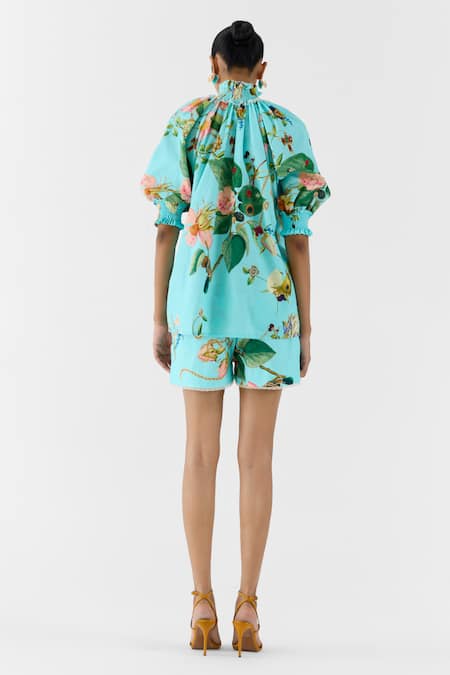 Studio Rigu Blue Blossom Ruching Shirt & Shorts Set 