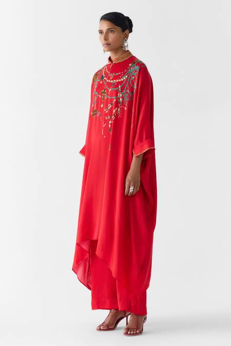 Studio Rigu_Red Vegan Silk Embroidery Mandarin Collar Maharani Kimono And Pant Set _Online_at_Aza_Fashions