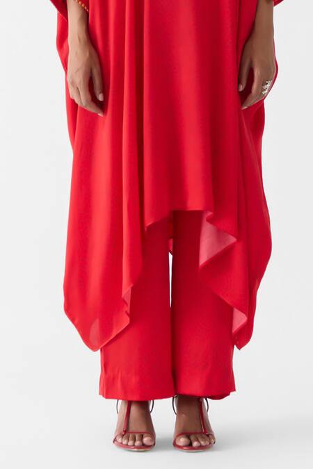 Buy_Studio Rigu_Red Vegan Silk Embroidery Mandarin Collar Maharani Kimono And Pant Set _Online_at_Aza_Fashions