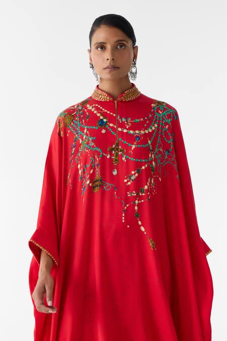 Shop_Studio Rigu_Red Vegan Silk Embroidery Mandarin Collar Maharani Kimono And Pant Set _Online_at_Aza_Fashions