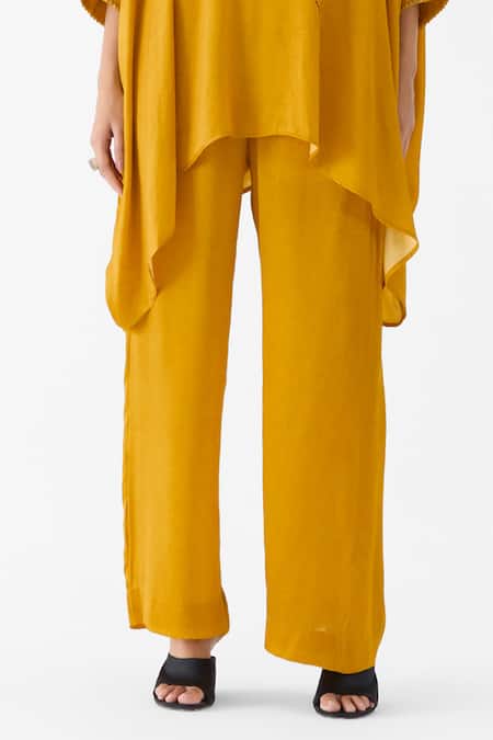 Studio Rigu_Mustard Vegan Silk Embroidery Mandarin Collar Maharani Kimono And Pant Set _Online_at_Aza_Fashions