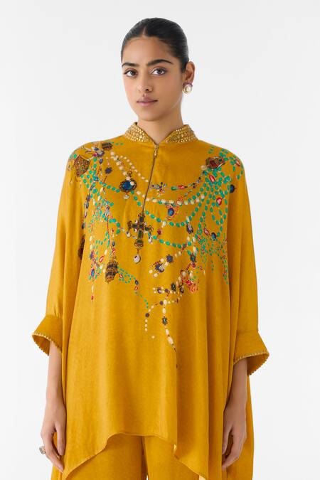 Buy_Studio Rigu_Mustard Vegan Silk Embroidery Mandarin Collar Maharani Kimono And Pant Set _Online_at_Aza_Fashions