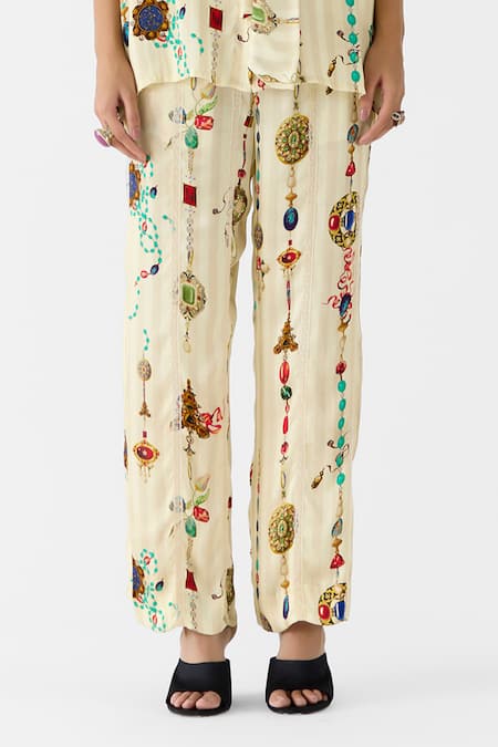 Studio Rigu_Cream Vegan Silk Collared, High Neck Tijori Knot Shirt And Pant Set _Online_at_Aza_Fashions