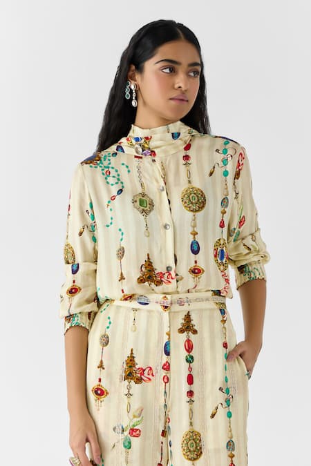 Buy_Studio Rigu_Cream Vegan Silk Collared, High Neck Tijori Knot Shirt And Pant Set _Online_at_Aza_Fashions