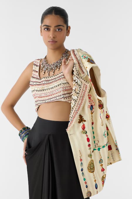 Studio Rigu_Cream Vegan Silk Embroidery, Lace, Beads Tijori Printed Blazer _Online_at_Aza_Fashions