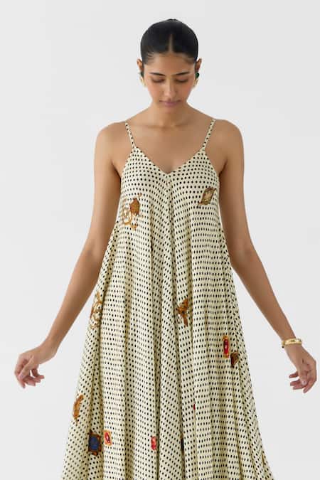 Studio Rigu_Off White Vegan Silk V-neck Pearl Polka Dot Strappy Dress _Online_at_Aza_Fashions
