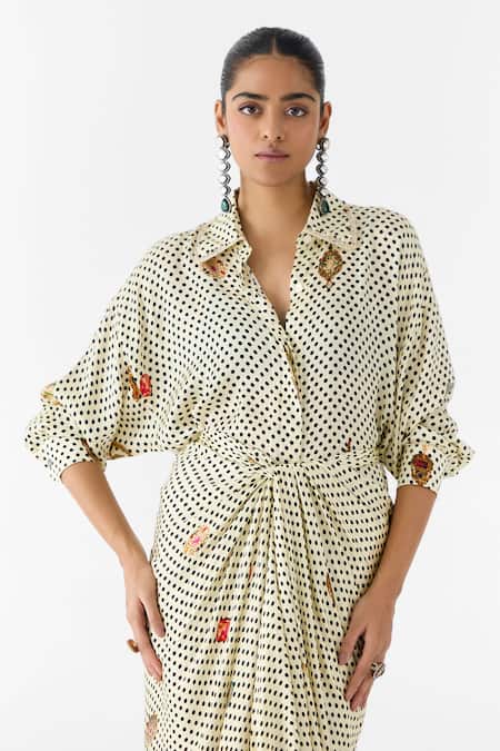 Buy_Studio Rigu_White Vegan Silk Lace Collared Pearl Polka Dot Shirt Dress _Online_at_Aza_Fashions