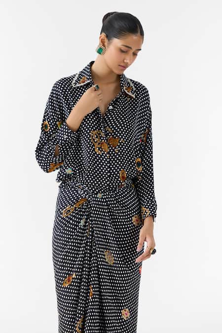 Buy_Studio Rigu_Black Vegan Silk Lace Collared Onyx Polka Dot Shirt Dress _Online_at_Aza_Fashions