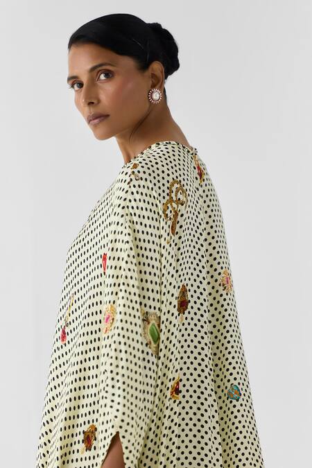 Buy_Studio Rigu_White Vegan Silk Beads Round Neck Pearl Polka Dot Kimono Kurta And Pant Set _Online_at_Aza_Fashions