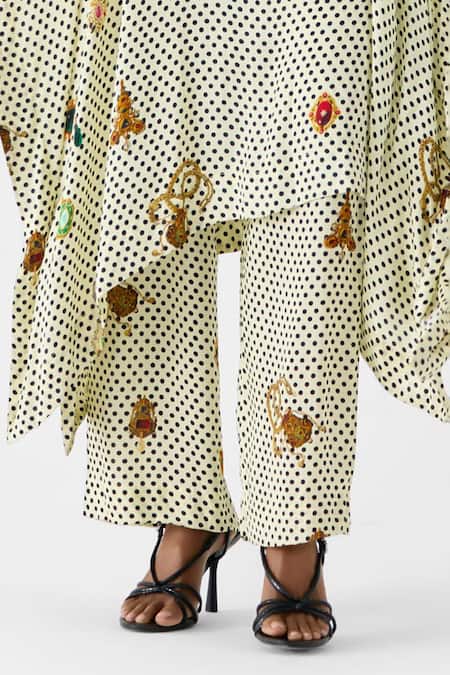 Shop_Studio Rigu_White Vegan Silk Beads Round Neck Pearl Polka Dot Kimono Kurta And Pant Set _Online_at_Aza_Fashions