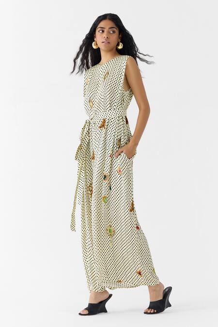 Studio Rigu_White Vegan Silk Round Neck Pearl Polka Dot Jumpsuit _Online_at_Aza_Fashions