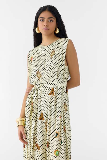 Buy_Studio Rigu_White Vegan Silk Round Neck Pearl Polka Dot Jumpsuit _Online_at_Aza_Fashions