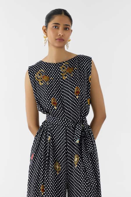 Buy_Studio Rigu_Black Vegan Silk Boat Neck Onyx Polka Dot Jumpsuit _Online_at_Aza_Fashions