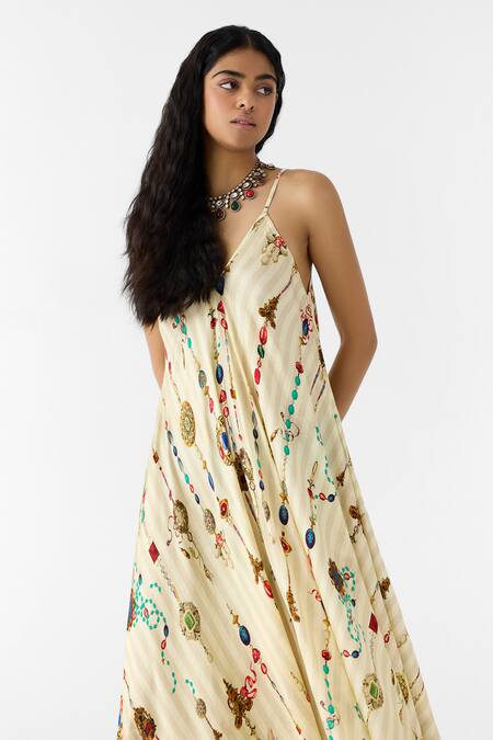 Studio Rigu_Cream Vegan Silk V-neck Tijori Strappy Dress _Online_at_Aza_Fashions