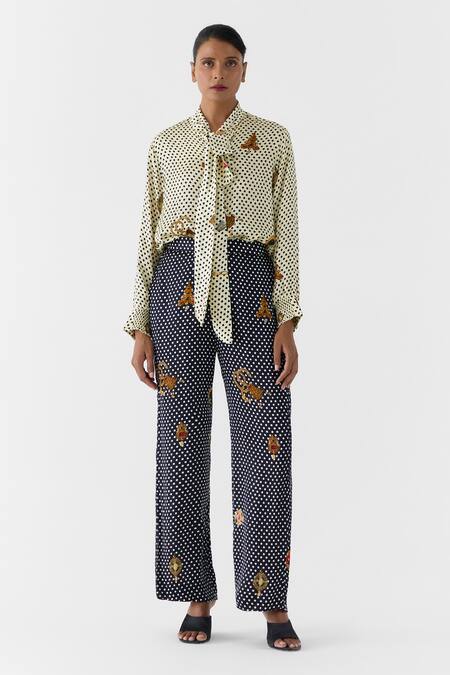 Buy_Studio Rigu_White Vegan Silk Collared Pearl Dot Knot Shirt And Onyx Pant Set _Online_at_Aza_Fashions