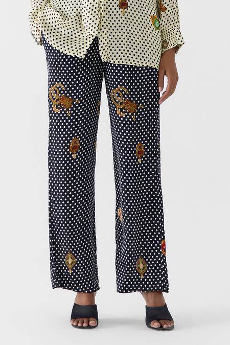 Shop_Studio Rigu_White Vegan Silk Collared Pearl Dot Knot Shirt And Onyx Pant Set _Online_at_Aza_Fashions