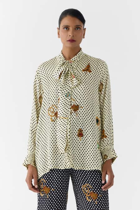 Studio Rigu_White Vegan Silk Collared Pearl Dot Knot Shirt And Onyx Pant Set _at_Aza_Fashions