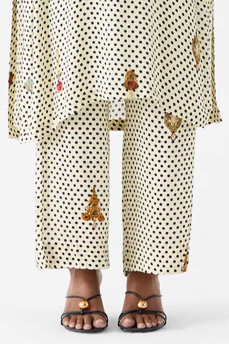 Buy_Studio Rigu_White Vegan Silk Embroidery, Beads, Pearl Polka Dot Straight Kurta And Pant Set _Online_at_Aza_Fashions