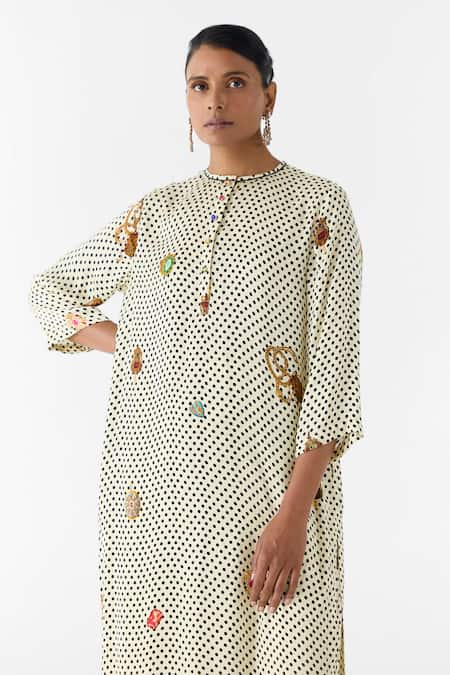 Shop_Studio Rigu_White Vegan Silk Embroidery, Beads, Pearl Polka Dot Straight Kurta And Pant Set _Online_at_Aza_Fashions
