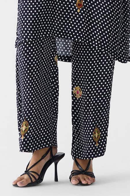 Studio Rigu_Black Vegan Silk Foil Printing, Onyx Polka Dot Straight Kurta And Pant Set _Online_at_Aza_Fashions