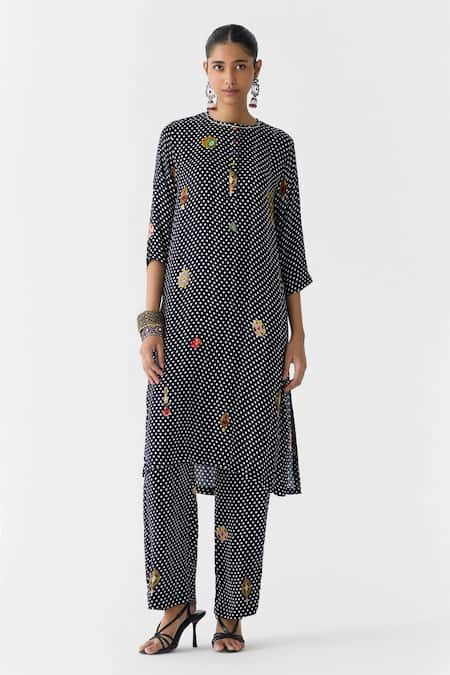 Buy_Studio Rigu_Black Vegan Silk Foil Printing, Onyx Polka Dot Straight Kurta And Pant Set _Online_at_Aza_Fashions