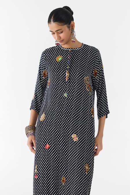 Shop_Studio Rigu_Black Vegan Silk Foil Printing, Onyx Polka Dot Straight Kurta And Pant Set _Online_at_Aza_Fashions