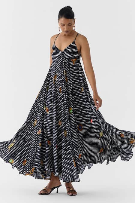 Studio Rigu_Black Vegan Silk Embroidery V-neck Onyx Polka Dot Cape And Strappy Dress Set _Online_at_Aza_Fashions