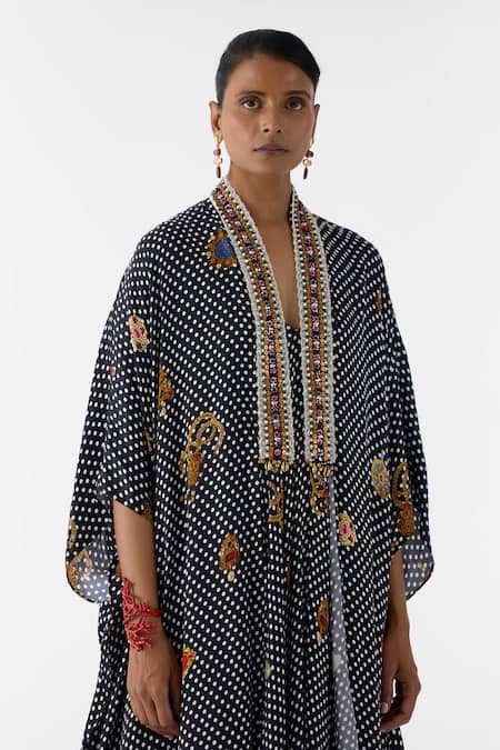 Buy_Studio Rigu_Black Vegan Silk Embroidery V-neck Onyx Polka Dot Cape And Strappy Dress Set _Online_at_Aza_Fashions