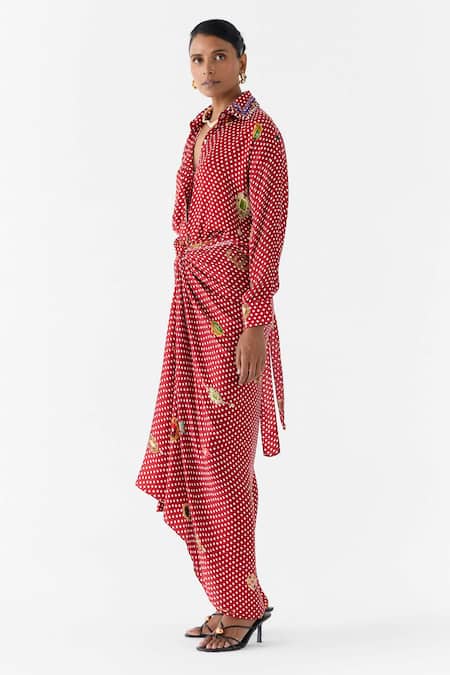 Studio Rigu_Maroon Vegan Silk Embroidery Collared Quartz Polka Dot Shirt Dress _Online_at_Aza_Fashions