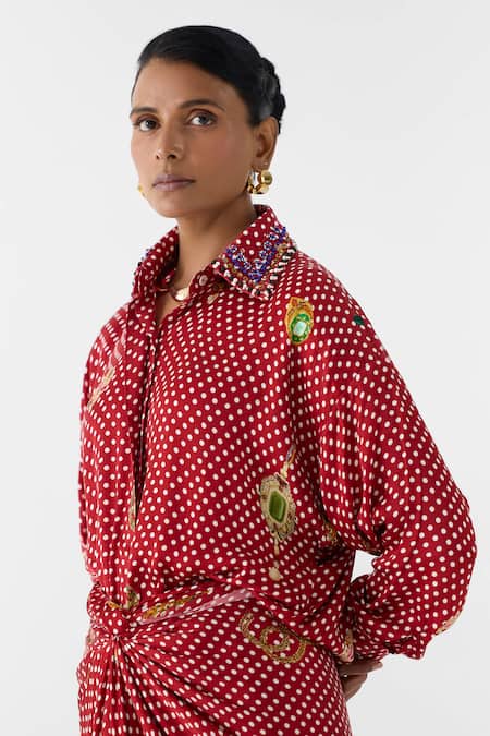 Buy_Studio Rigu_Maroon Vegan Silk Embroidery Collared Quartz Polka Dot Shirt Dress _Online_at_Aza_Fashions