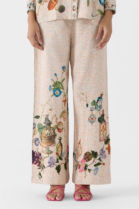 Studio Rigu_Beige Viscose, Linen Collared Faberge Printed Shirt And Pant Set _Online_at_Aza_Fashions