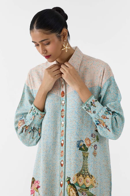 Studio Rigu_Blue Viscose, Linen Collared Faberge Printed Shirt Dress _Online_at_Aza_Fashions